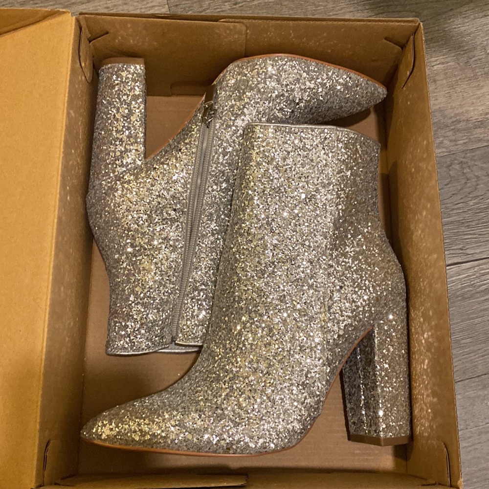 Silver Glitter Heeled Booties